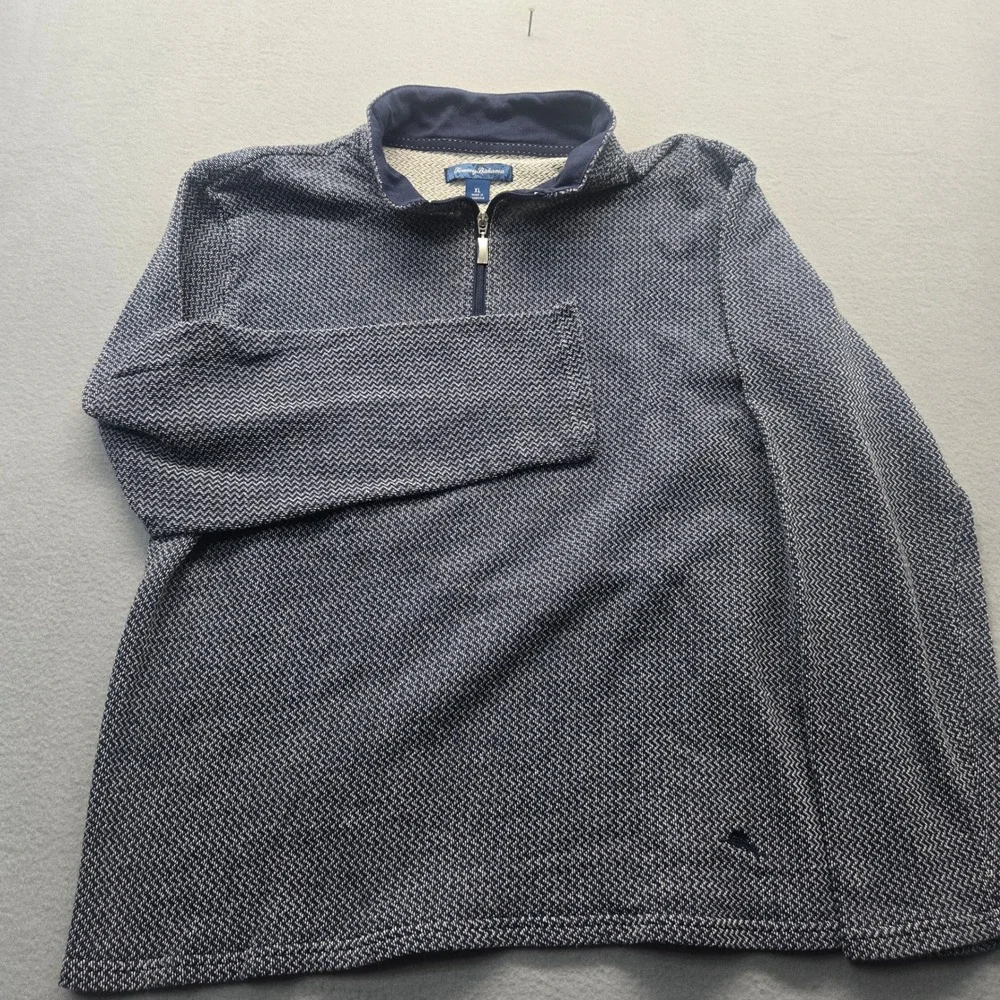 Tommy Bahama Mens XL Quarter Zip Pullover Navy White Chevron Knit Marlin‎ Logo